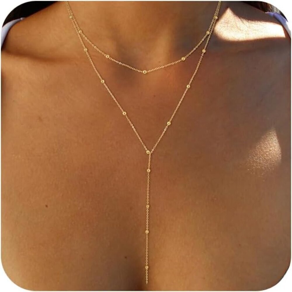 Women's Y Layered Bead Necklace-GD 14K Gold Plated Layered CZ Chain Jewlery